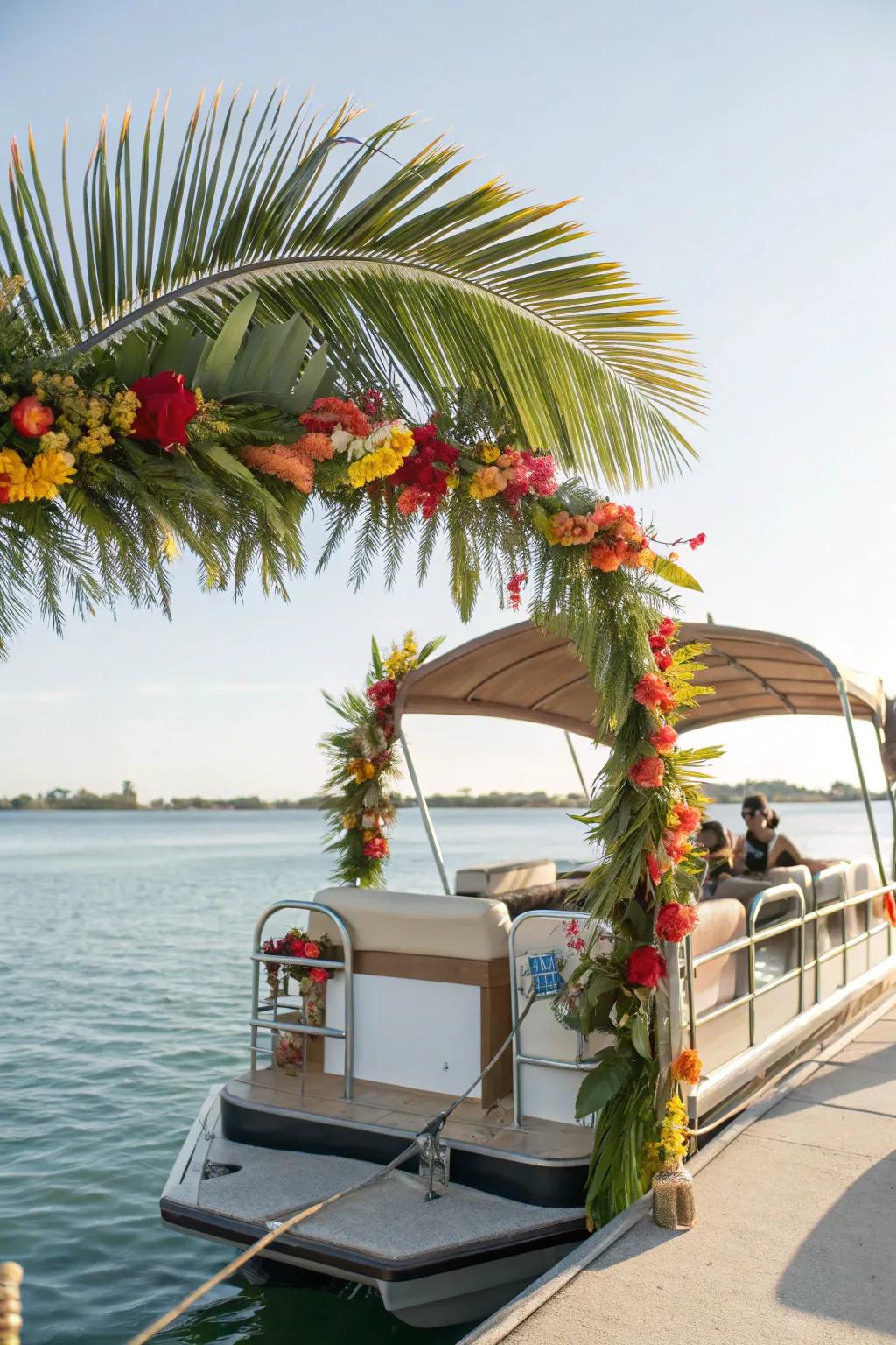 A tropical-themed pontoon boat showcasing lush greenery and colorful flowers.