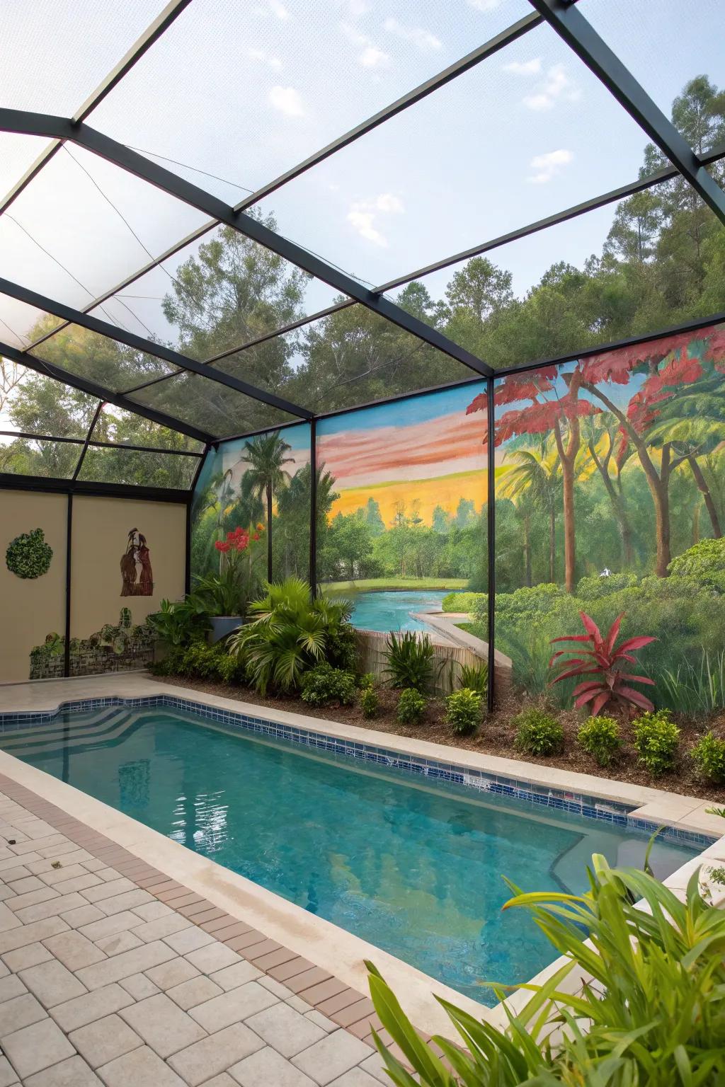 Scenic murals harmoniously blend art with privacy.