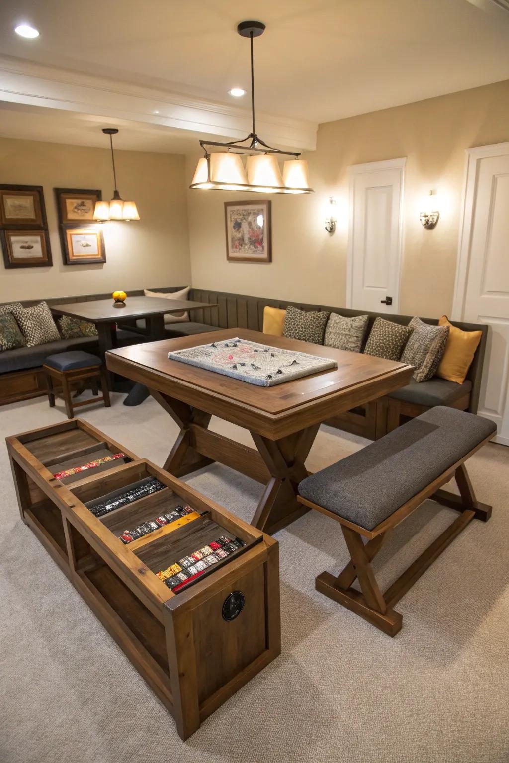 Versatile furnishings bring both practicality and flair to a small pool room.