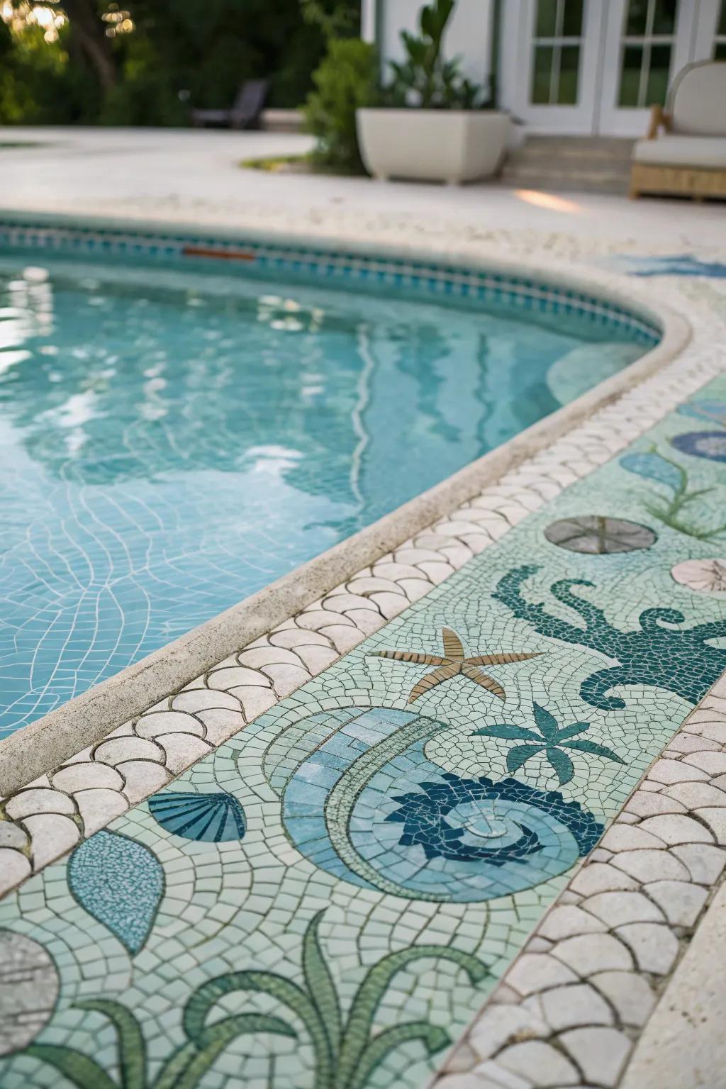 Mosaic tiles add an element of enchantment with their detailed, ocean-inspired designs.