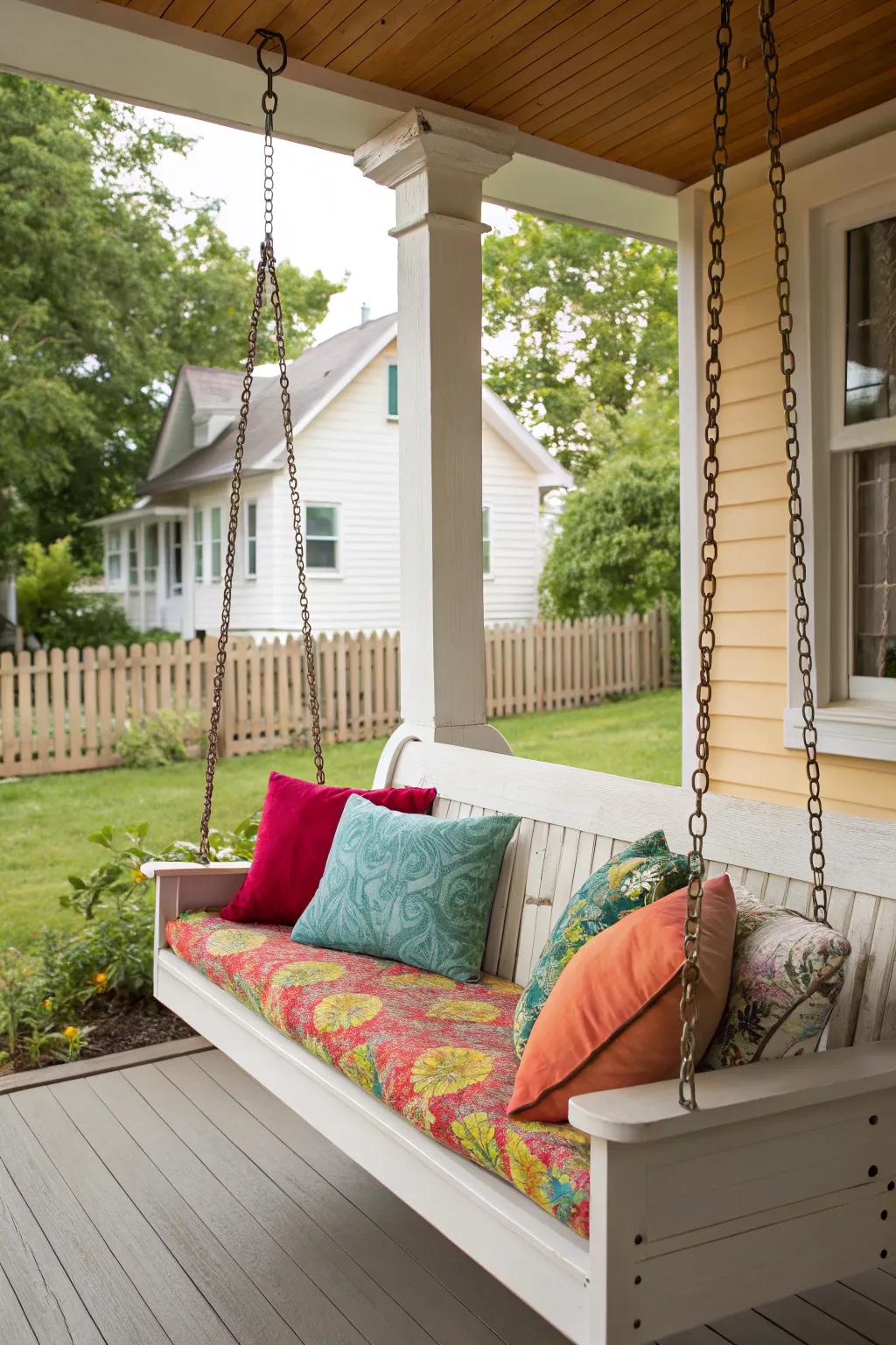 A comfortable seating area featuring a swing and colorful cushions.