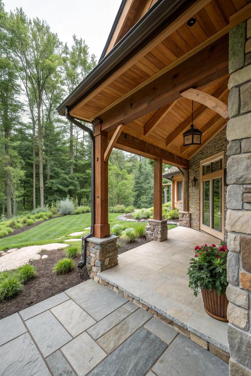 A porch extension with wood and stone elements blending seamlessly with the natural surroundings.