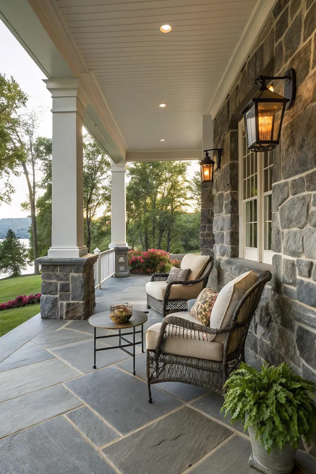 A refined stone knee wall, adding beauty to a porch.