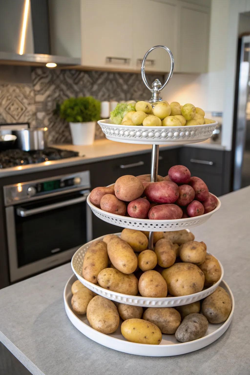 A multi-tiered display presenting a range of potatoes.