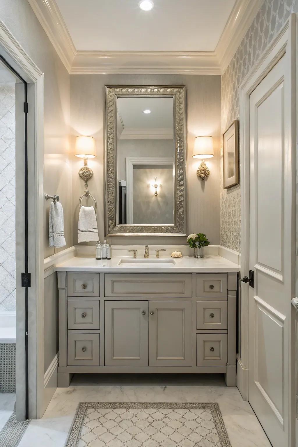 An exquisite powder room showcasing a calming, neutral color palette.