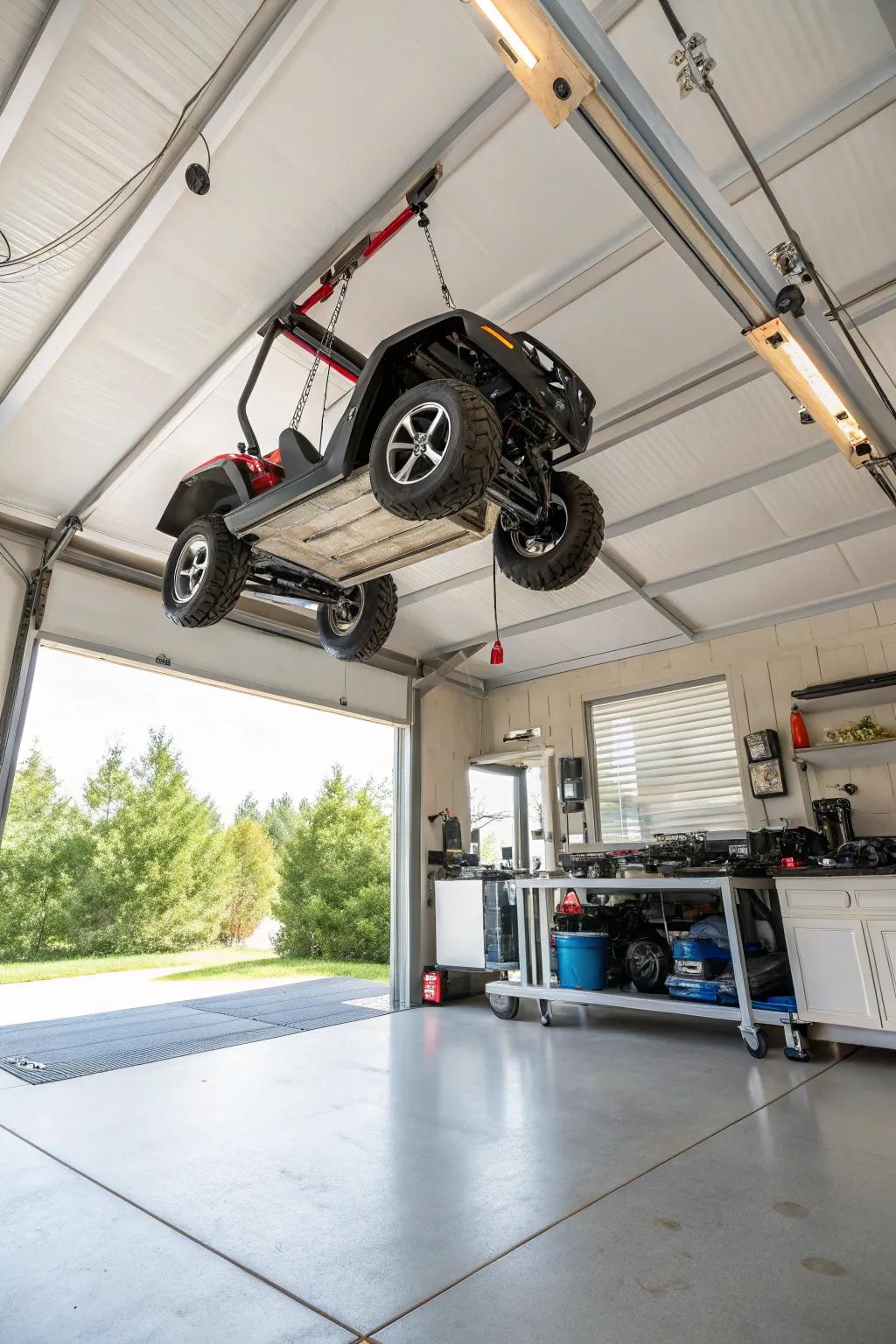 A ceiling lift system raising a motorized toy to maximize space.