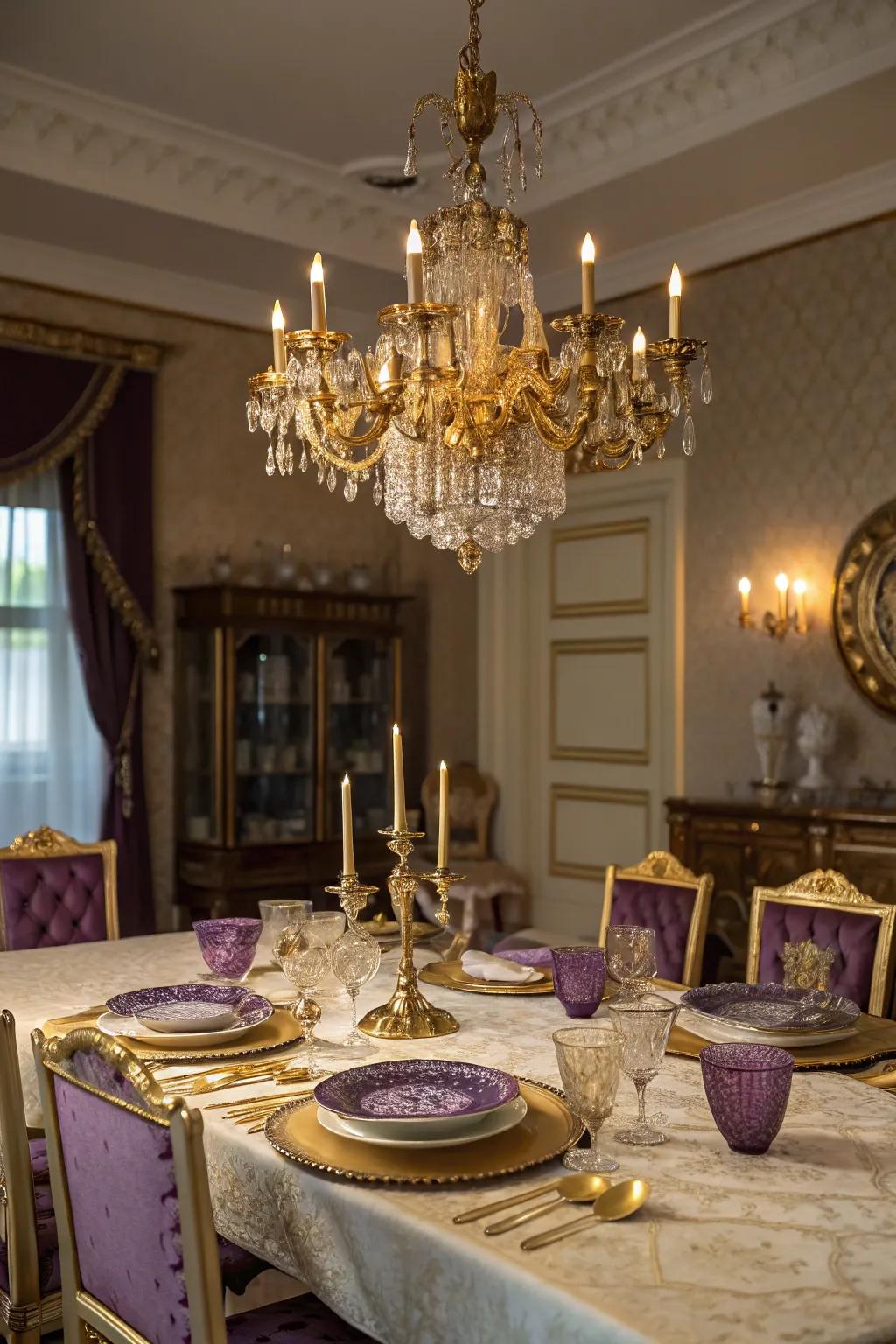 A gold chandelier brings a touch of grandeur to your dining space.