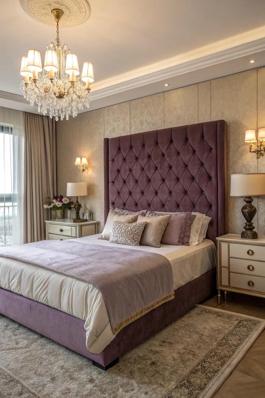 A deep violet plush headboard brings about sophistication and grandeur within the area.