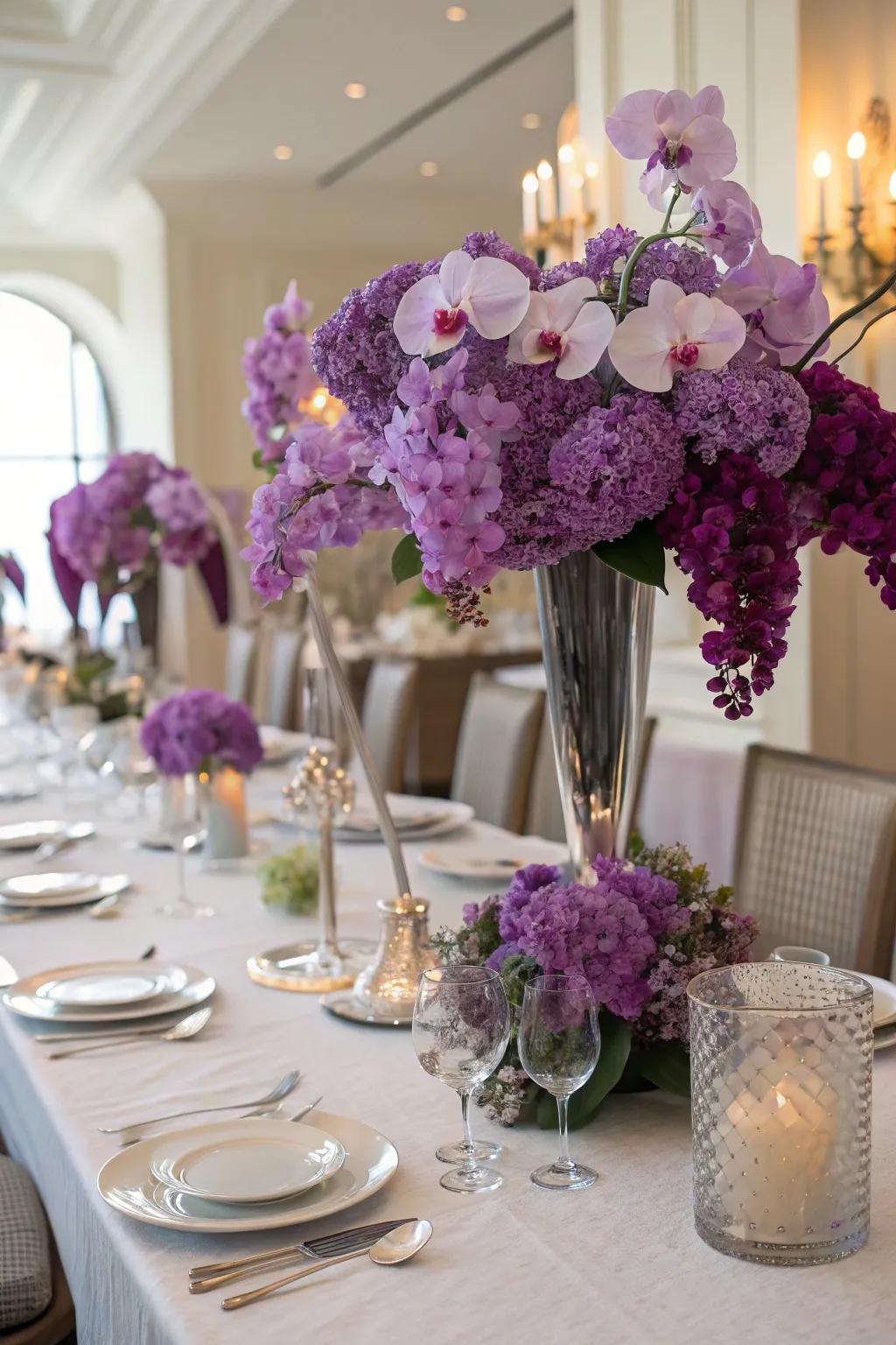 Lush purple floral centerpieces create an atmosphere that guests will always remember.