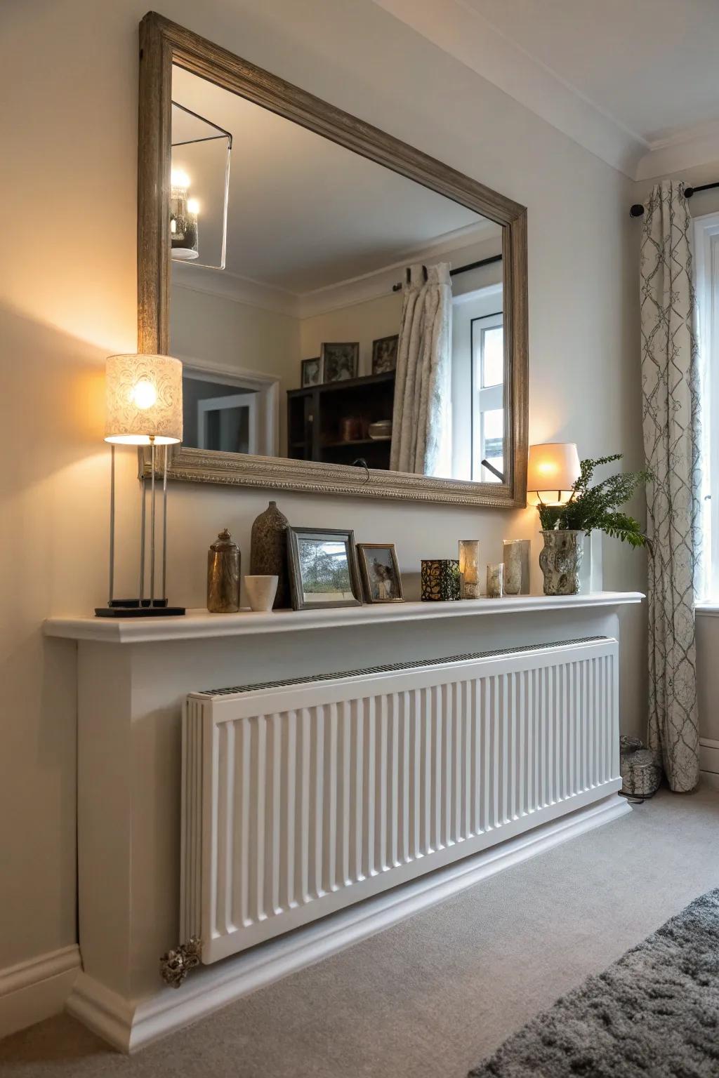 A mirror placed above the radiator shelf can brighten and visually expand your space.