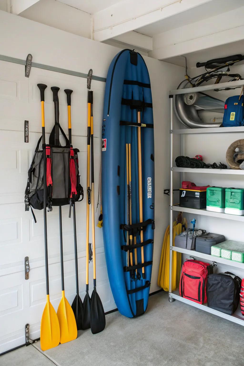 Vertical storage using wall mounts maximizes available area.