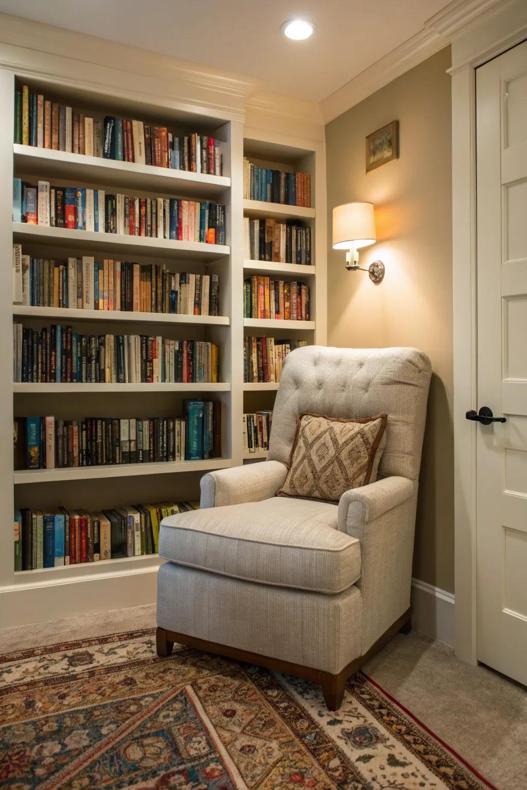 Bookshelves help create a personal library feel in the space.