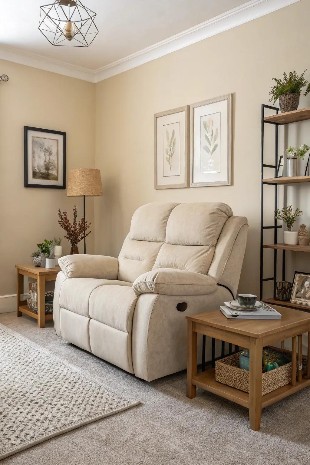 A tranquil living space featuring a reclining sofa in subdued hues, harmonizing effortlessly with the ornamental scheme.