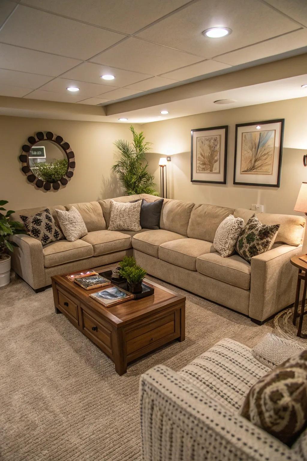 Curved sofas maximize corner space efficiently.