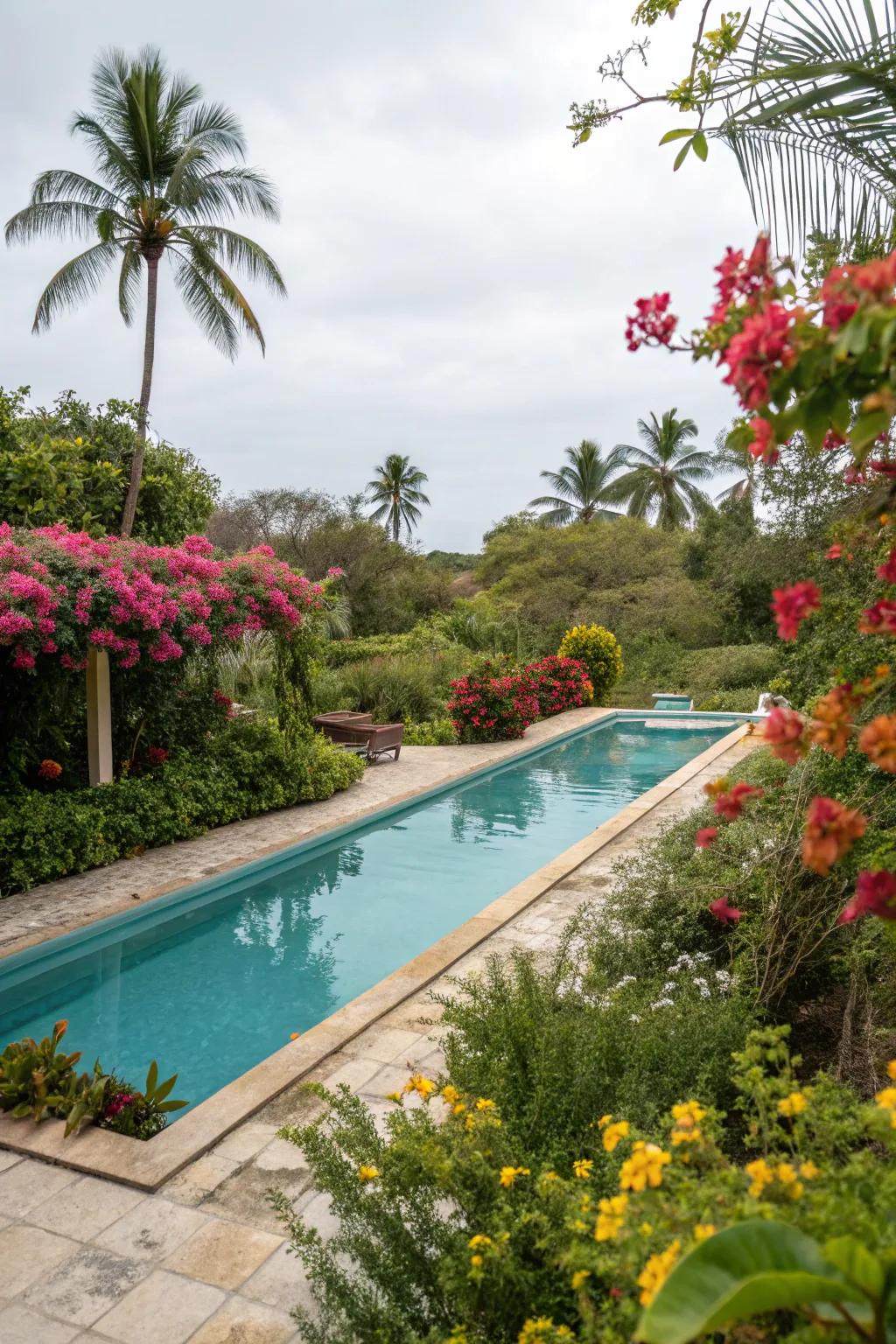 Lively greenery conjures a tranquil escape around the pool.