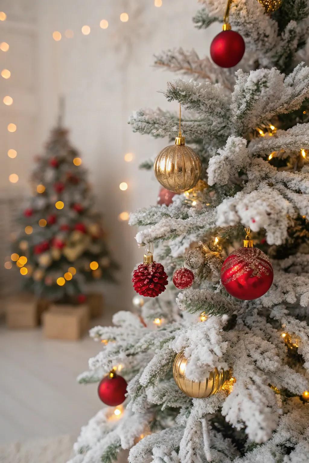 A flocked Christmas tree with red and gold decorations for a winter wonderland feel.