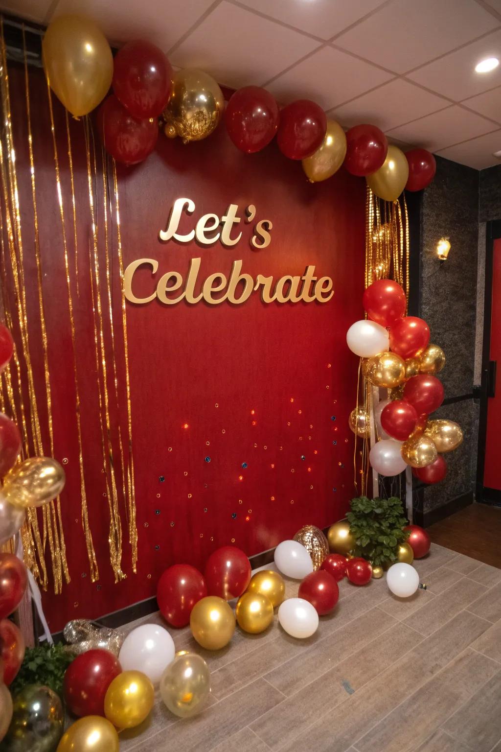 A themed backdrop using gilded writing introduces sophistication to the event.