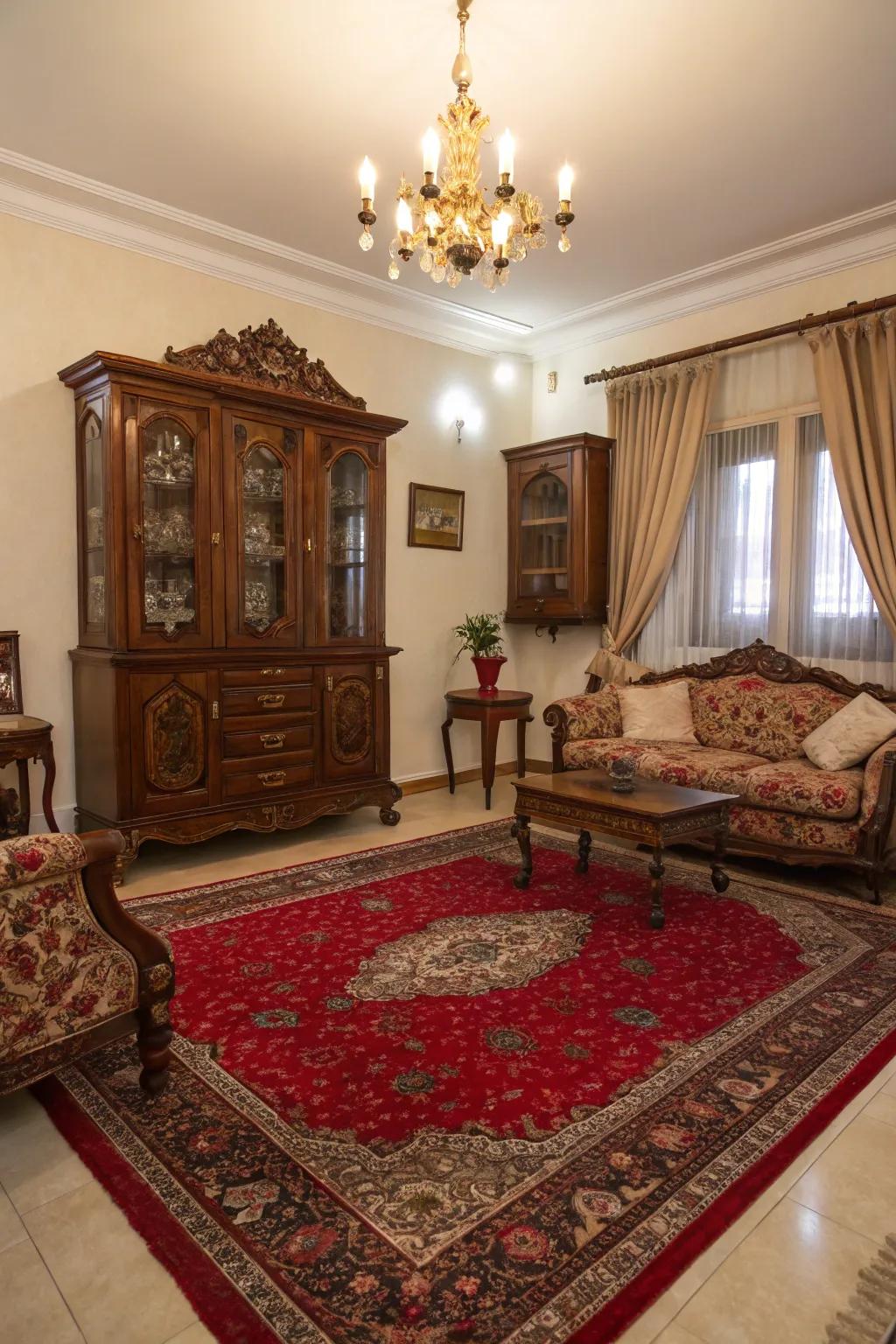 A traditional living room elevated by a Persian-inspired scarlet rug.