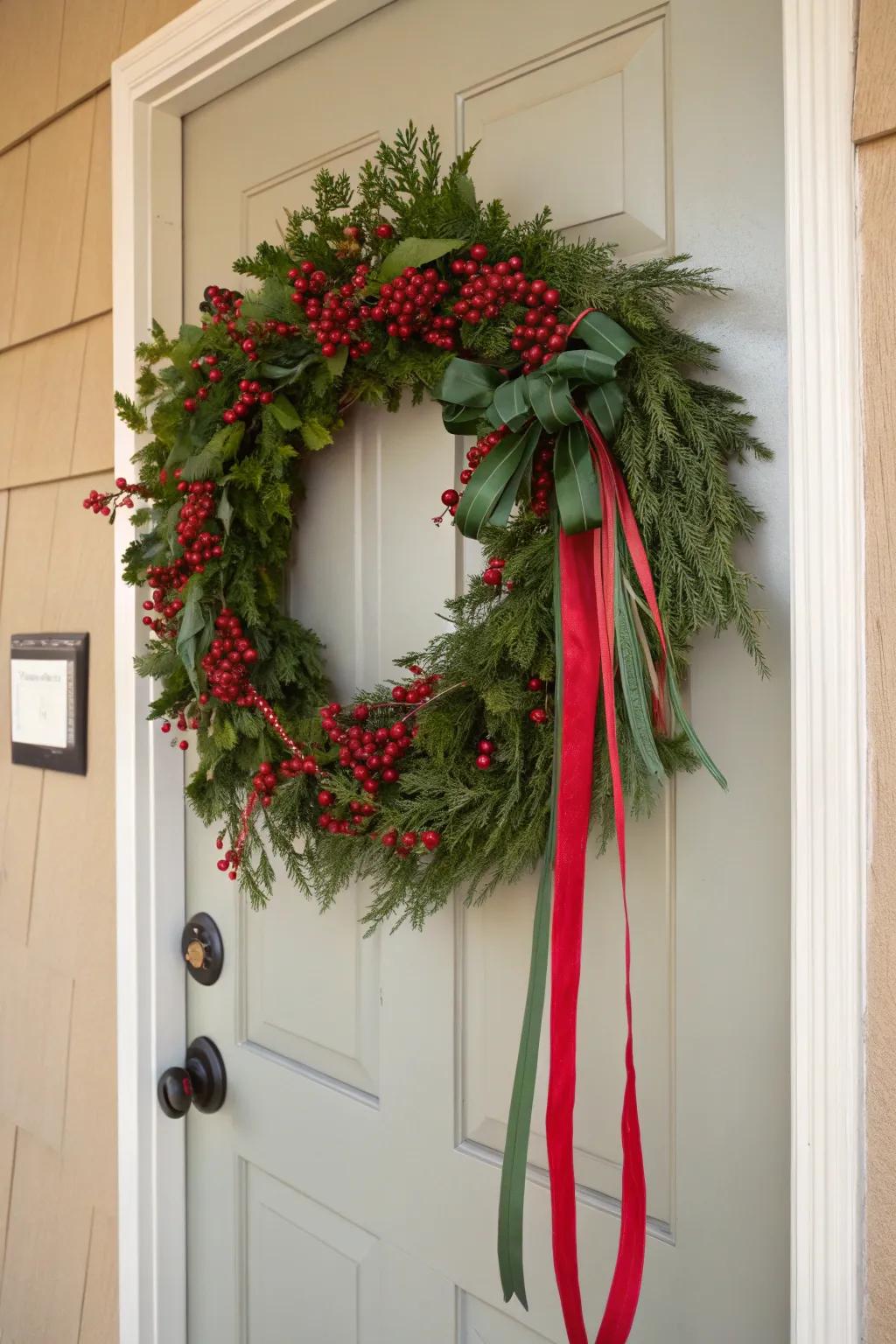 A festive wreath with red accents for a warm welcome.