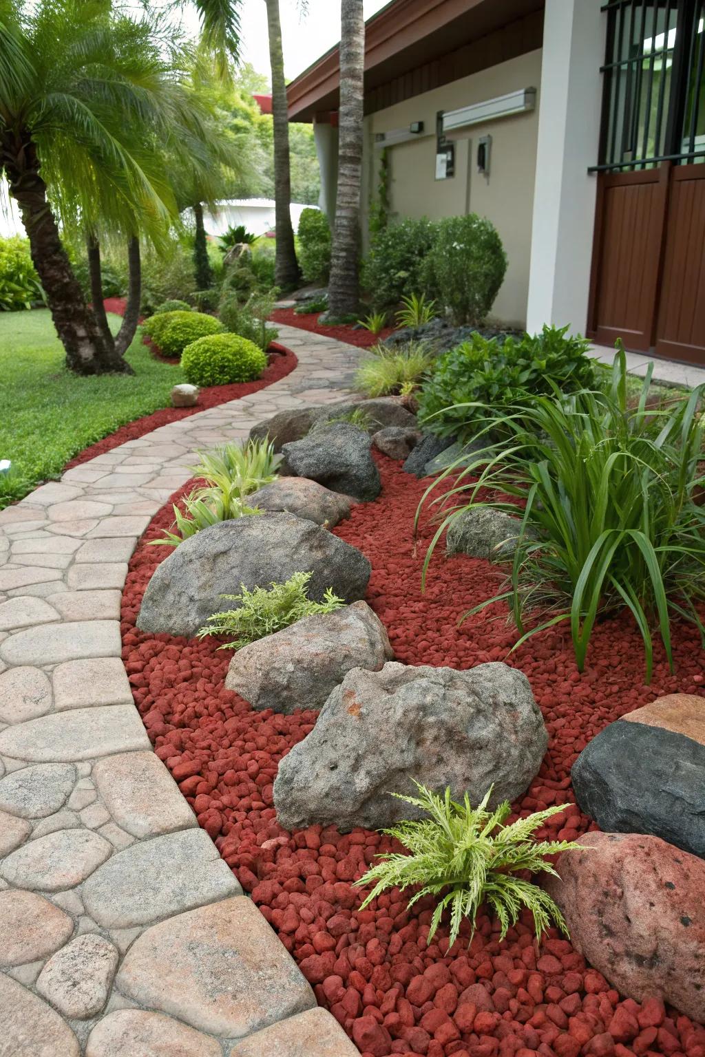 Large stones combined with scarlet volcanic stones introduce richness and texture to the garden.