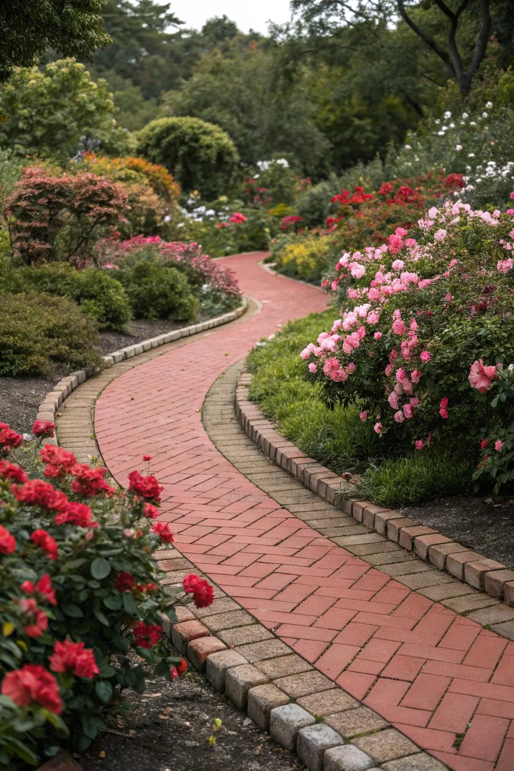 A scarlet paver pathway beckons exploration and contributes charm.