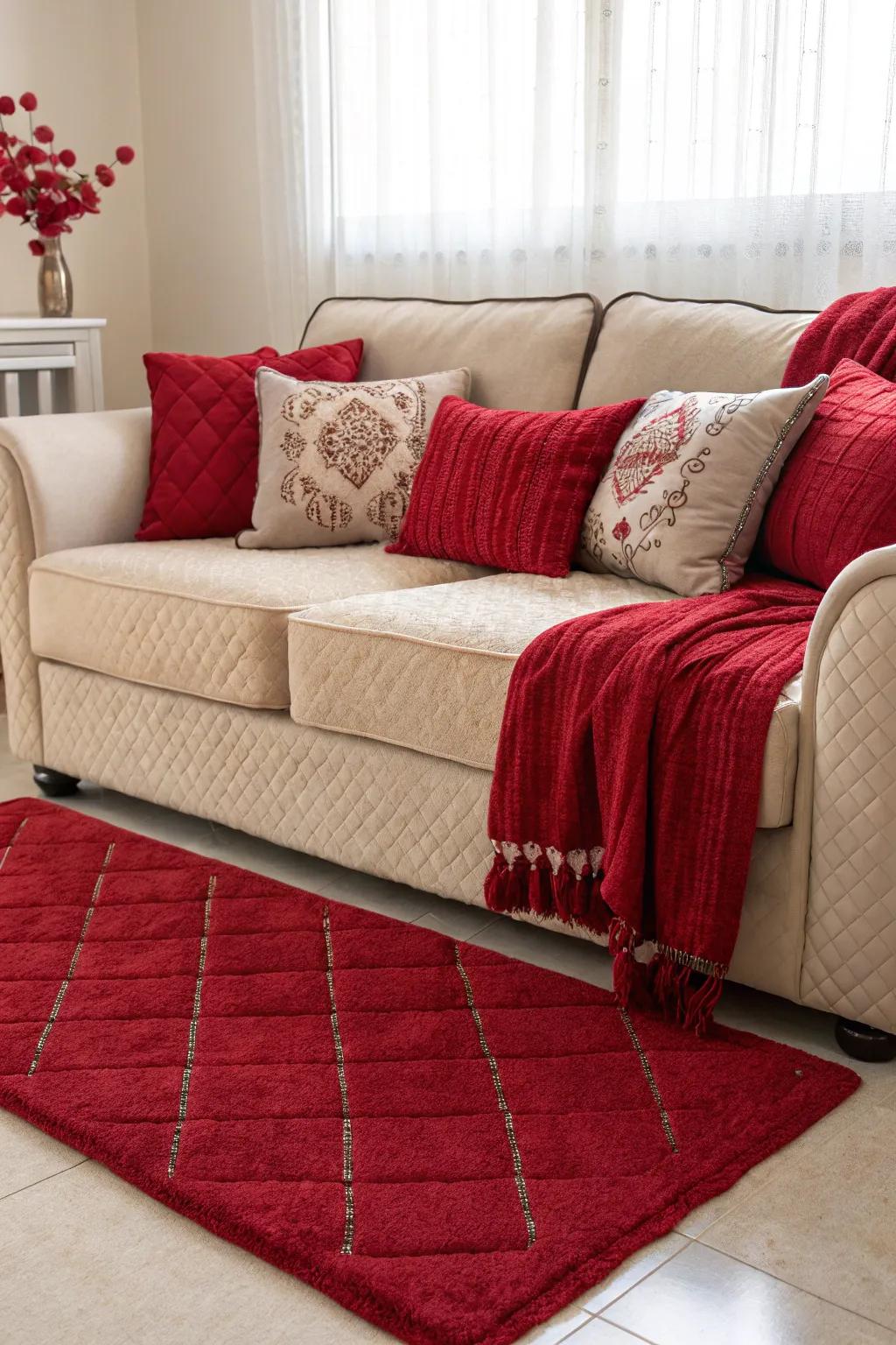 An inviting sitting area elevated by red accent decorations, creating a cozy ambiance.