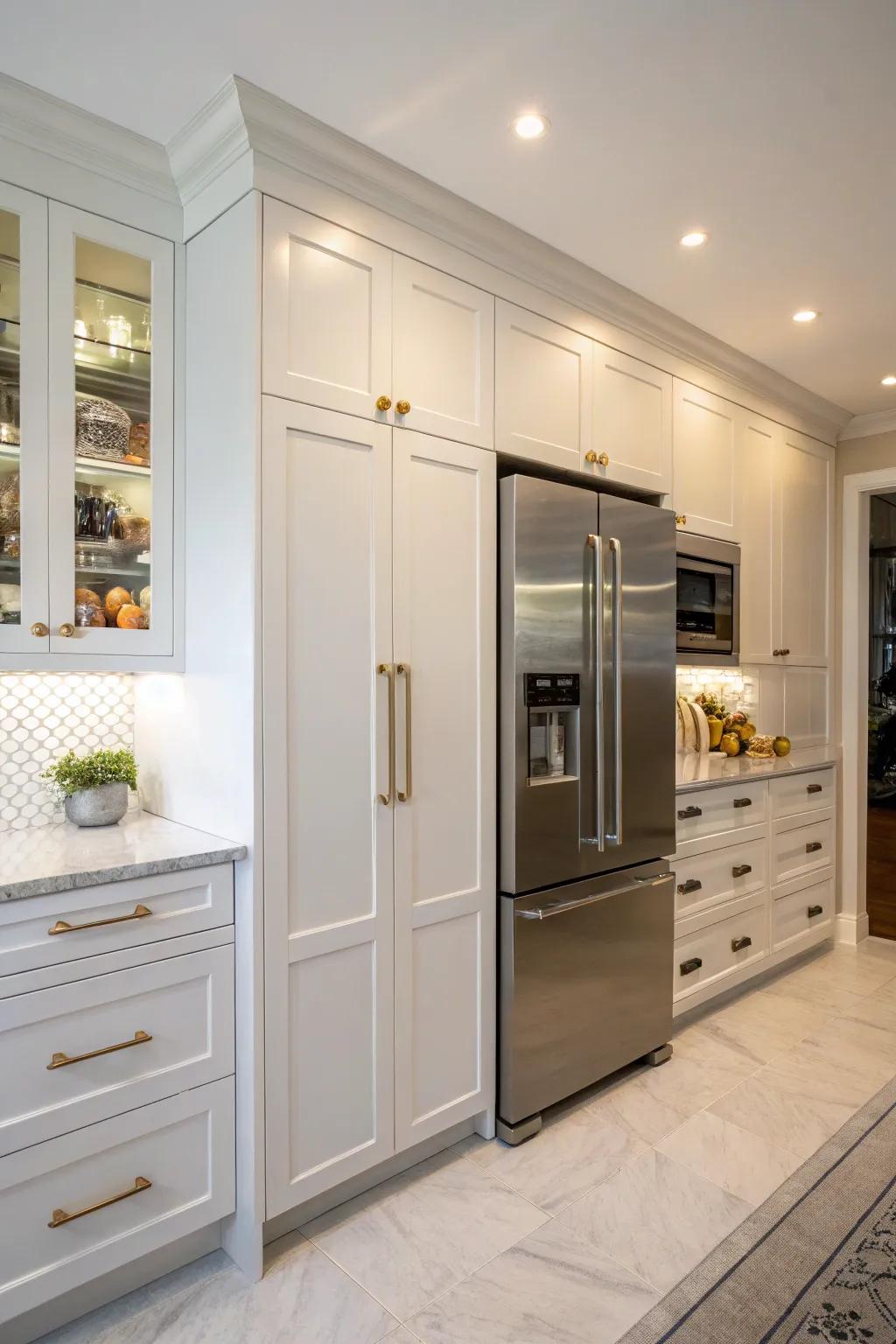 Tailored cabinets fit snugly around a refrigerator, crafting a refined kitchen visual.