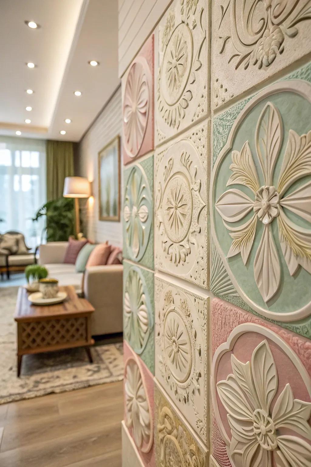 Pastel floral relief tiles create an ethereal and calming atmosphere.