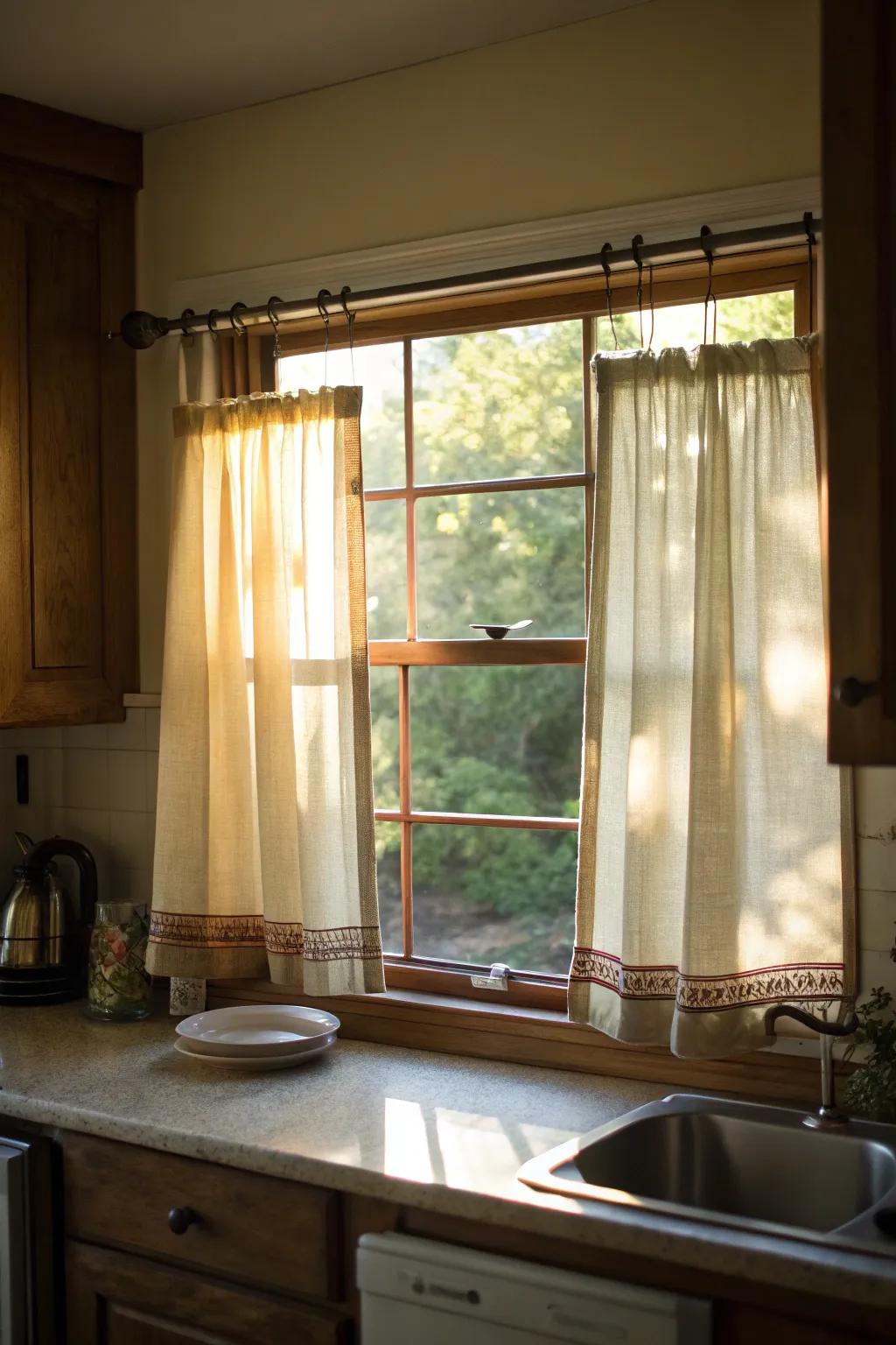 A no-drill solution uses charming kitchen curtains hung with a pressure rod.
