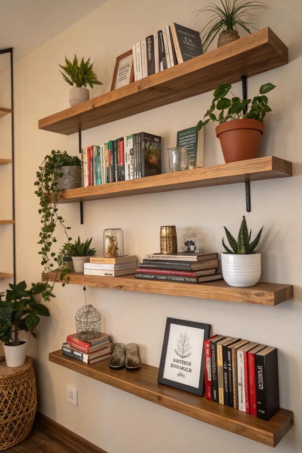 Elevated shelves offer elegant storage solutions.