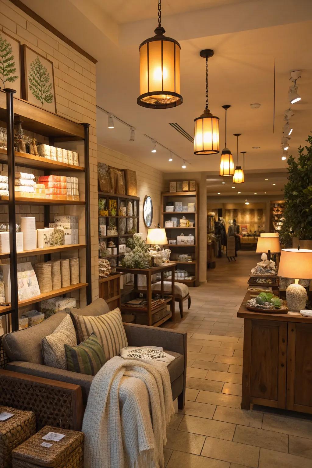 Ambient lighting emitting a gentle, warm glow, enhancing the retail atmosphere.