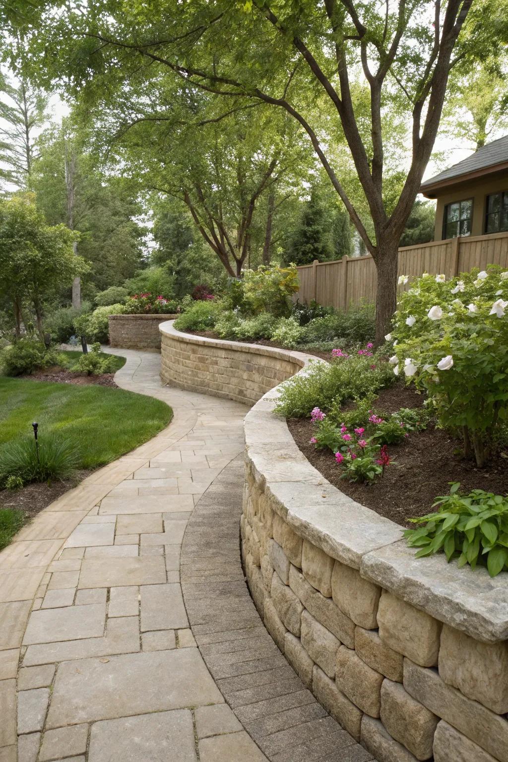 A gracefully winding border wall merging beautifully with a garden landscape.