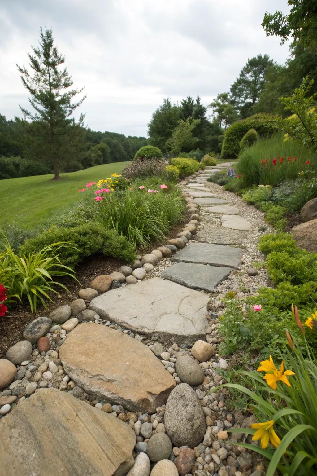 A balanced mix of large stones and pebbles enhances the garden walkway.