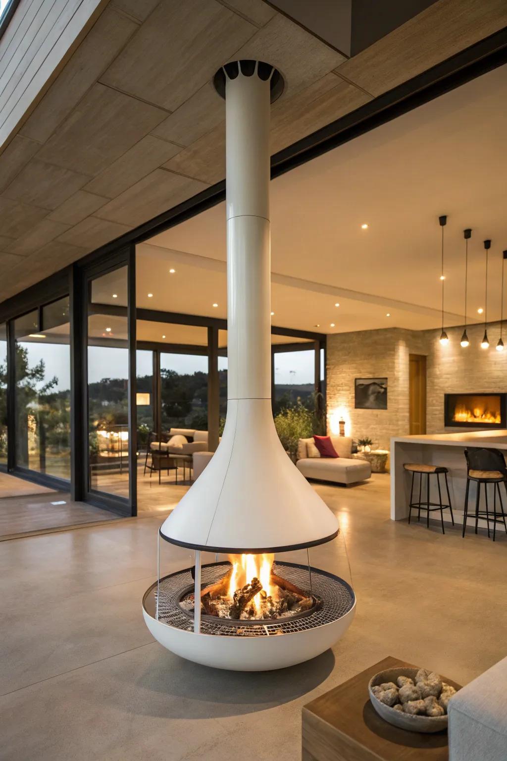 A suspended fireplace provides warmth and an unrestricted view for an open-concept living area.