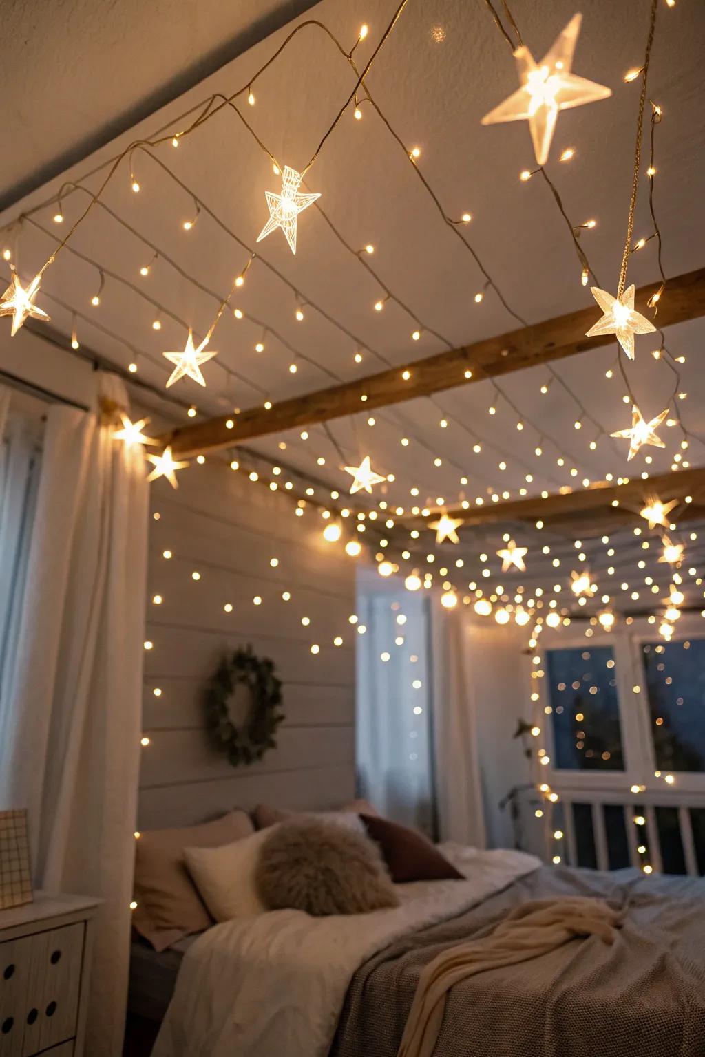Glide off to dreamland beneath a starlit expanse created by LED string lights.