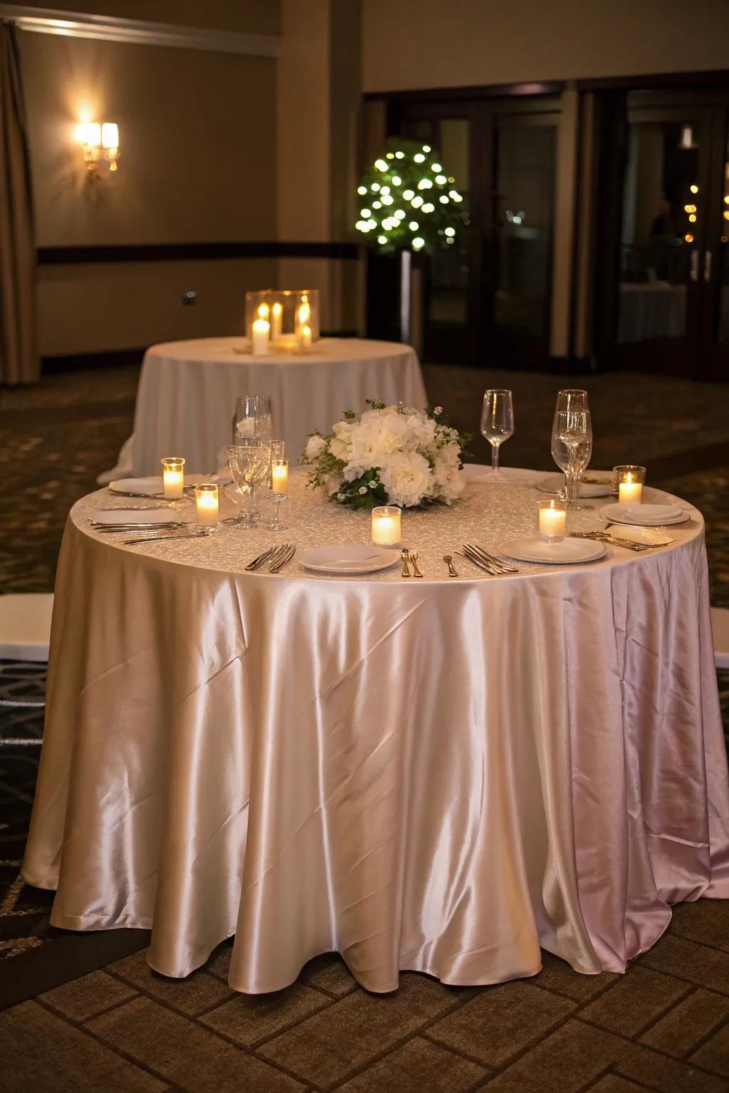 Gleaming silk table covering creating an air of sophistication.
