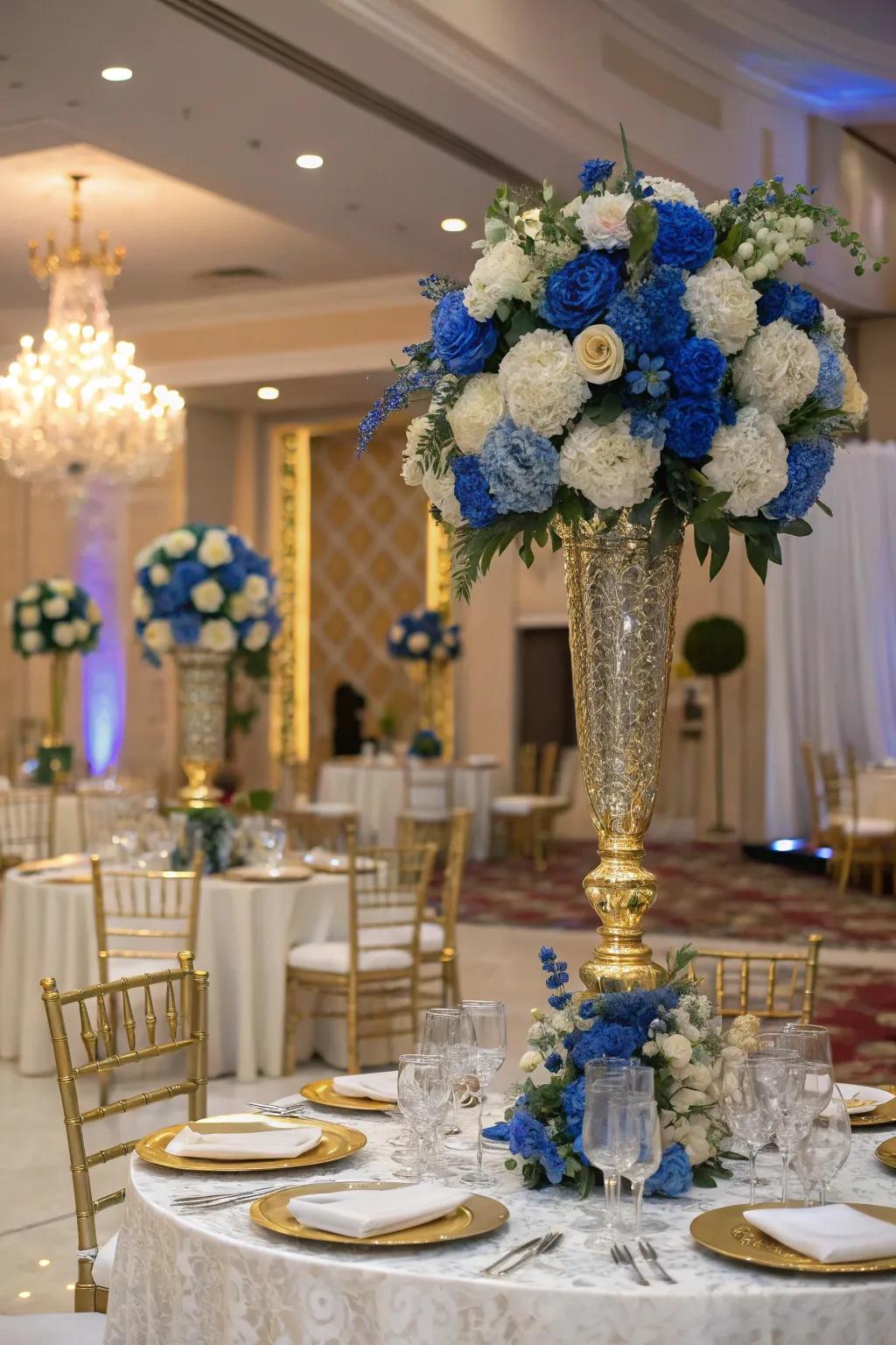 An elegant mix of majestic blue, gold, and silver.