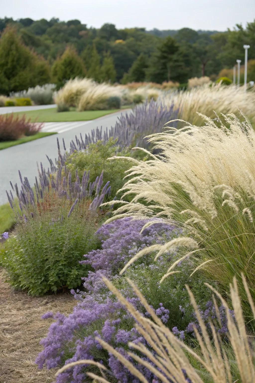 A visually appealing garden filled with azure blooms and decorative grasses gently swaying in the wind.