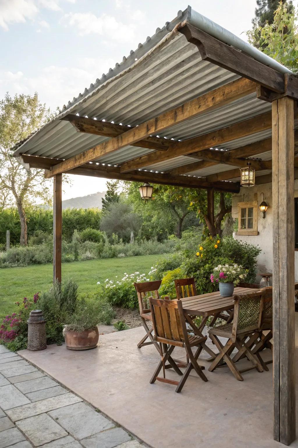 Ridged metal and planks harmonize to craft a sleek, countryside aesthetic.