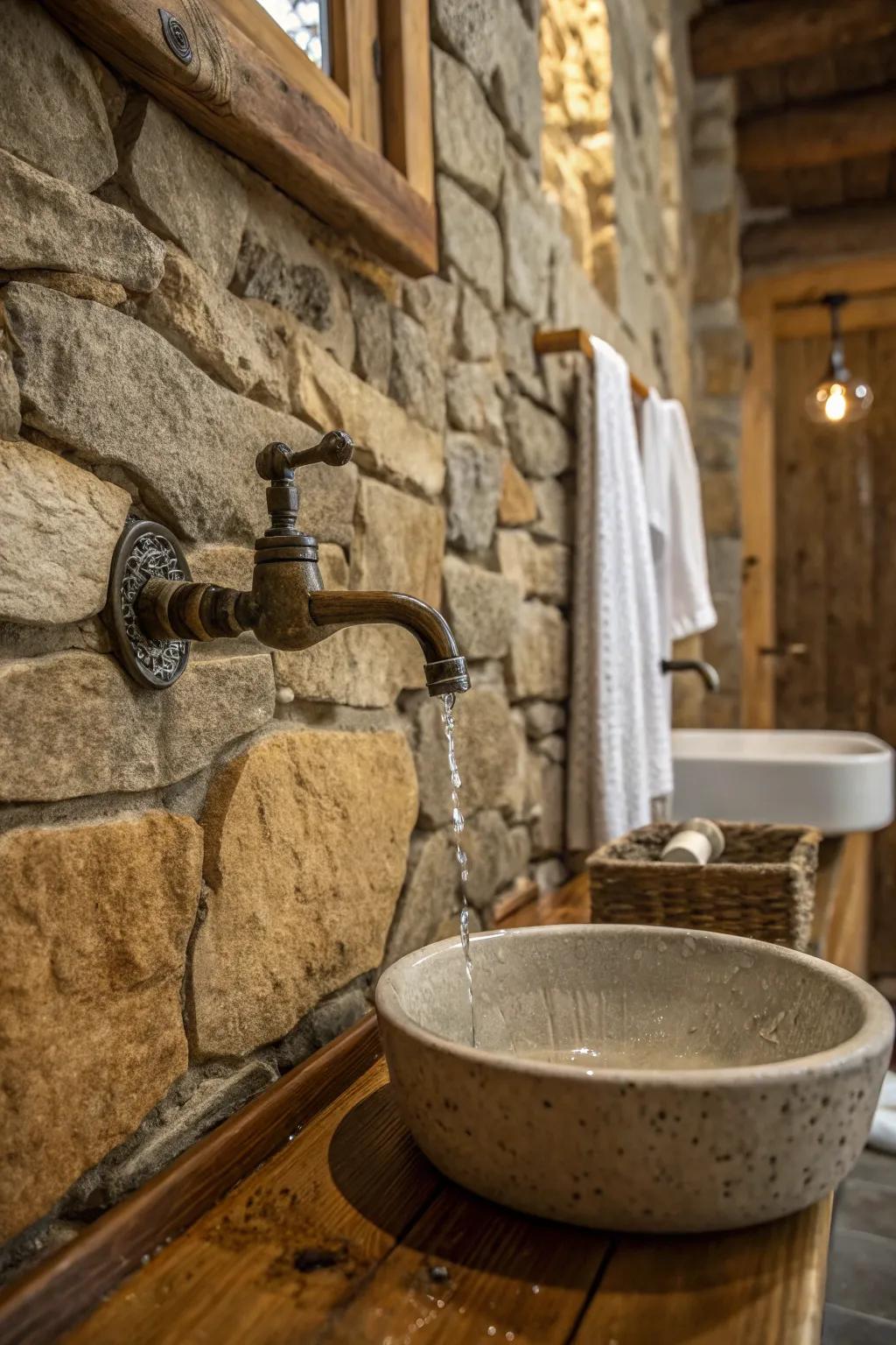 Wall-mounted water spouts offer a streamlined, rustic look.