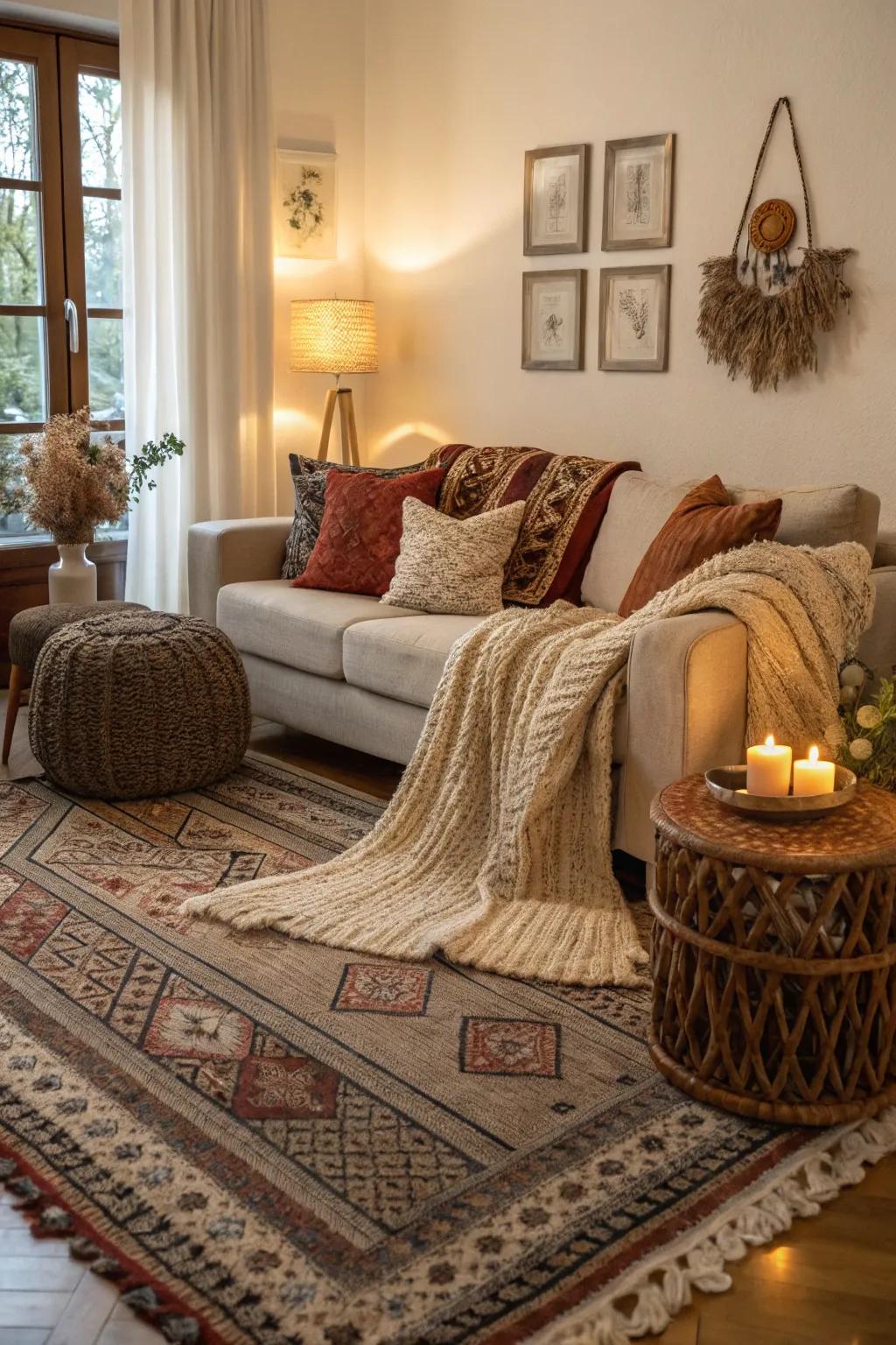 Rugs and throws create a layered, appealing space.