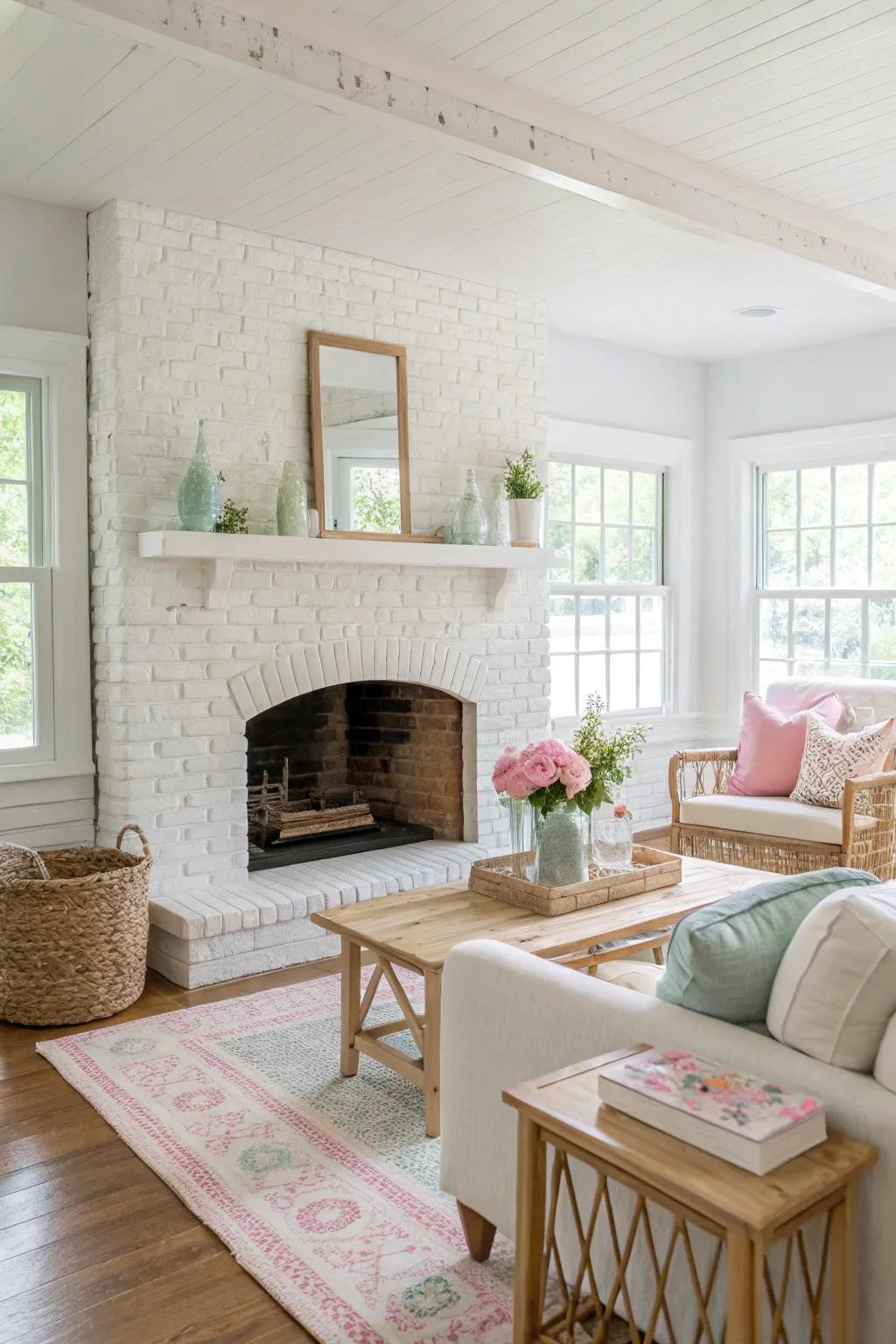 Chalky white brick fireplace for a revitalizing and airy atmosphere.
