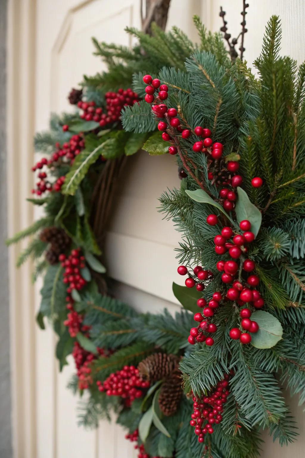 Red berries add a festive touch to this rustic wreath.