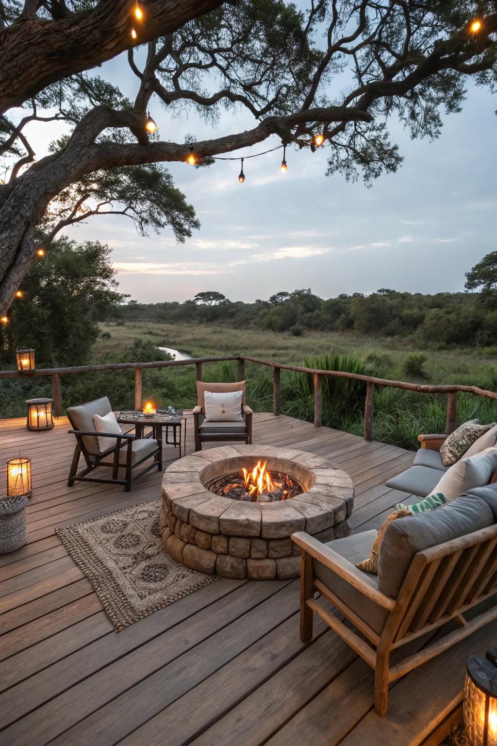 The flame source creates a comforting focal point on this countryside deck.