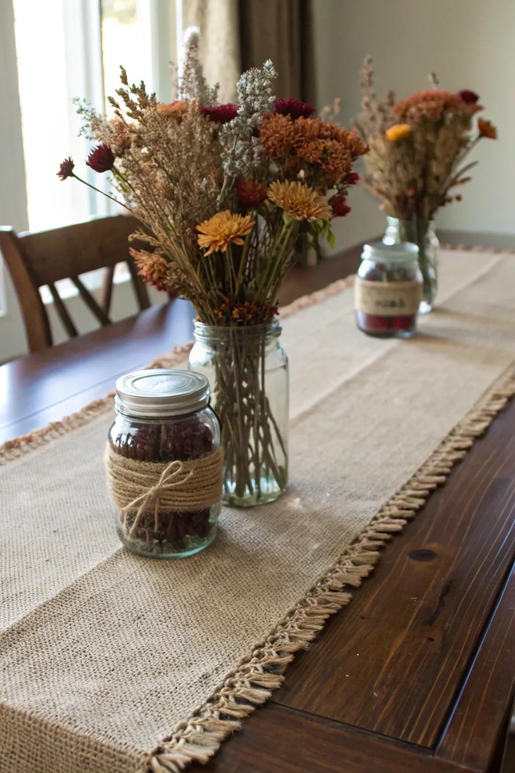 Coarse cloth and flask containers produce a rustic appeal.