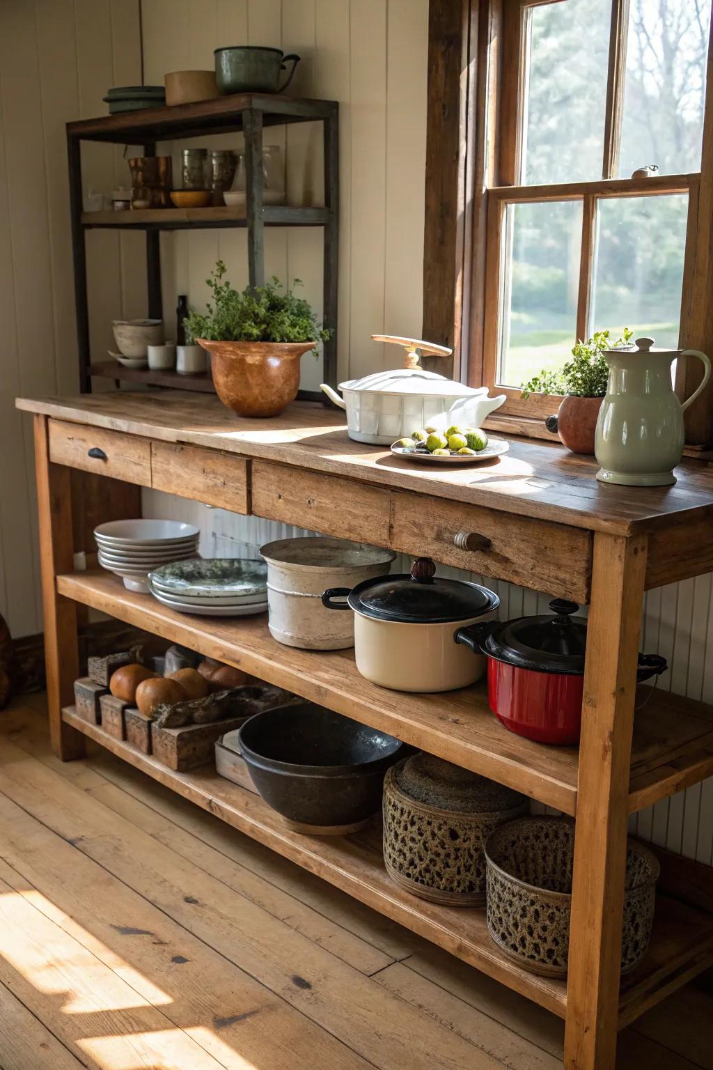 A countryside kitchen island enhanced with open shelving, perfect for showcasing treasured kitchen items.