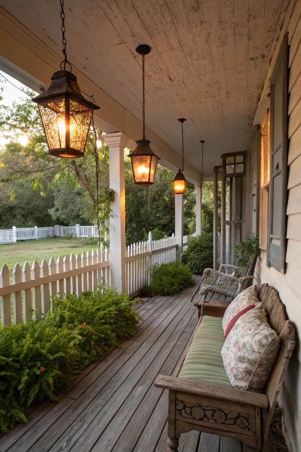 Gentle luminaries craft a magical ambiance on a rustic farmhouse porch.