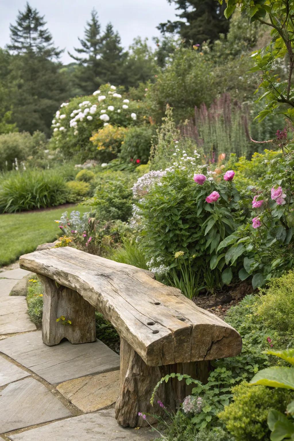 A raw edge garden seat merges flawlessly with its natural habitat.