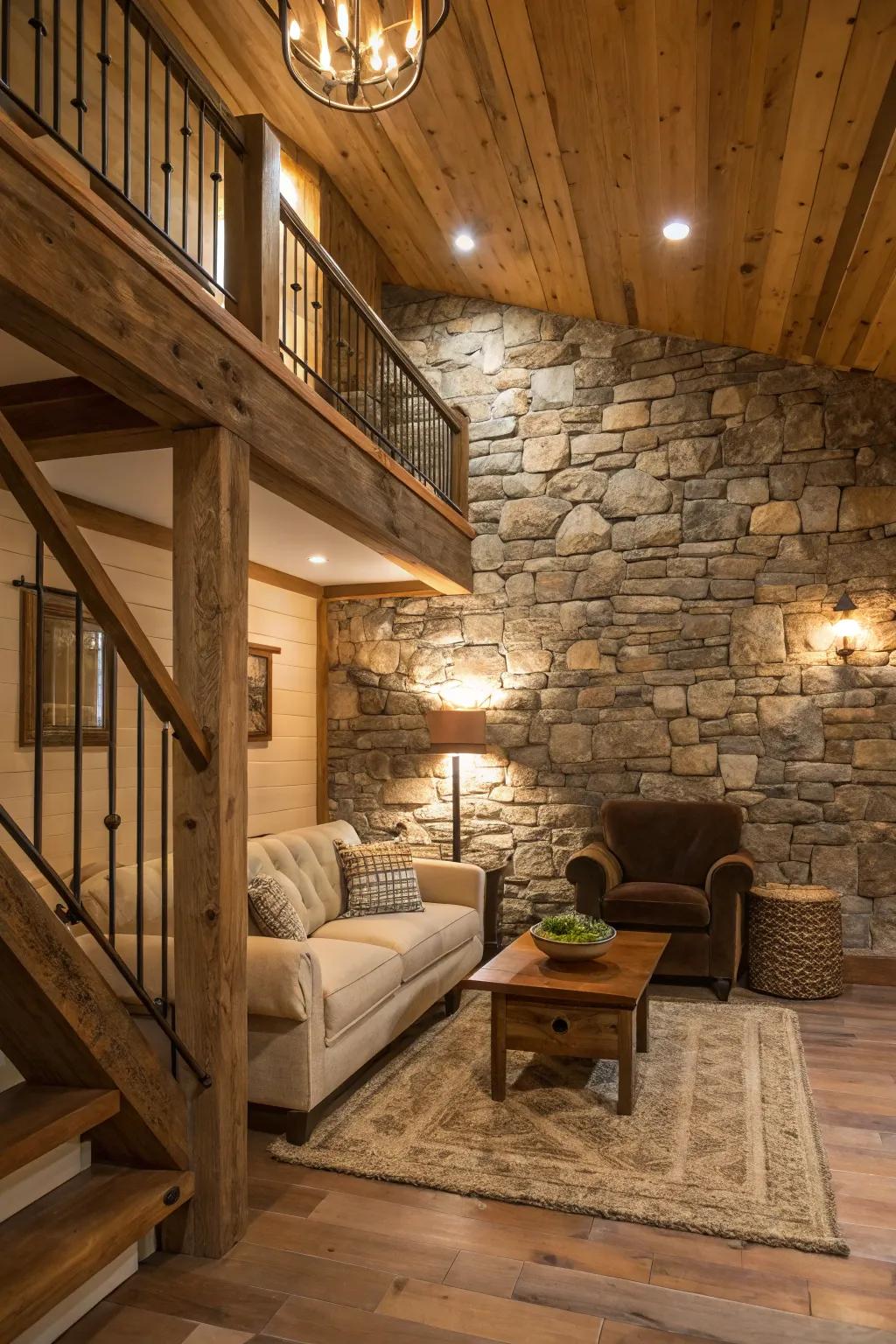 An accentuated stone facade can infuse your loft with a raw, sophisticated charm.