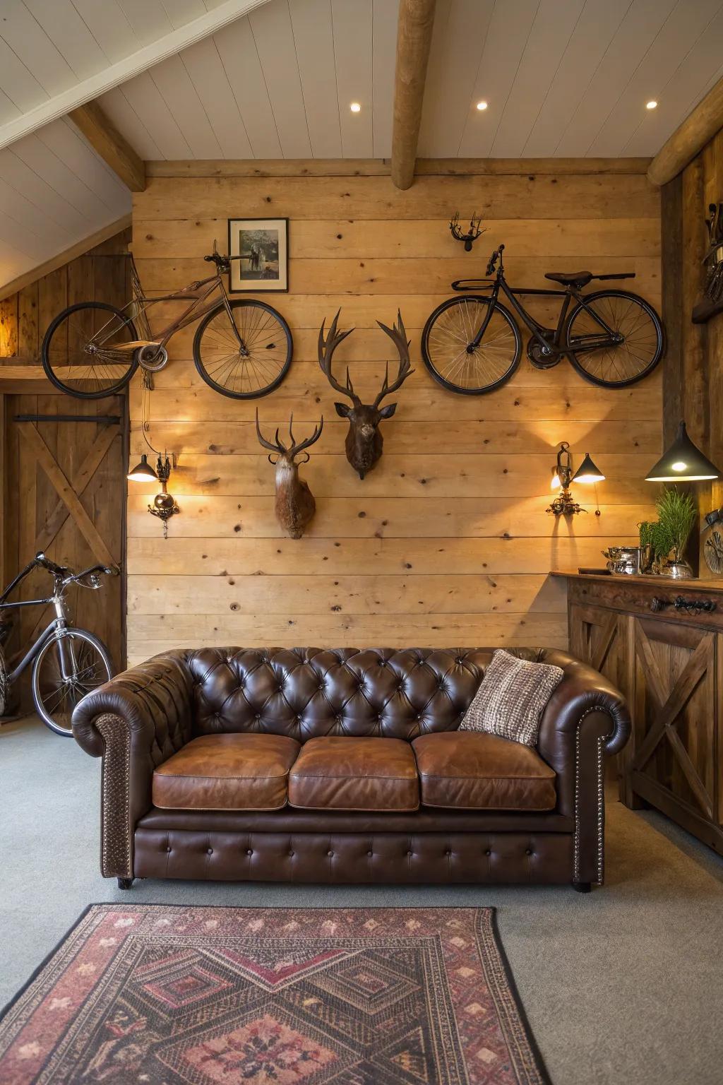 A sumptuous hide couch introduces sophistication and ease to this countryside masculine retreat.